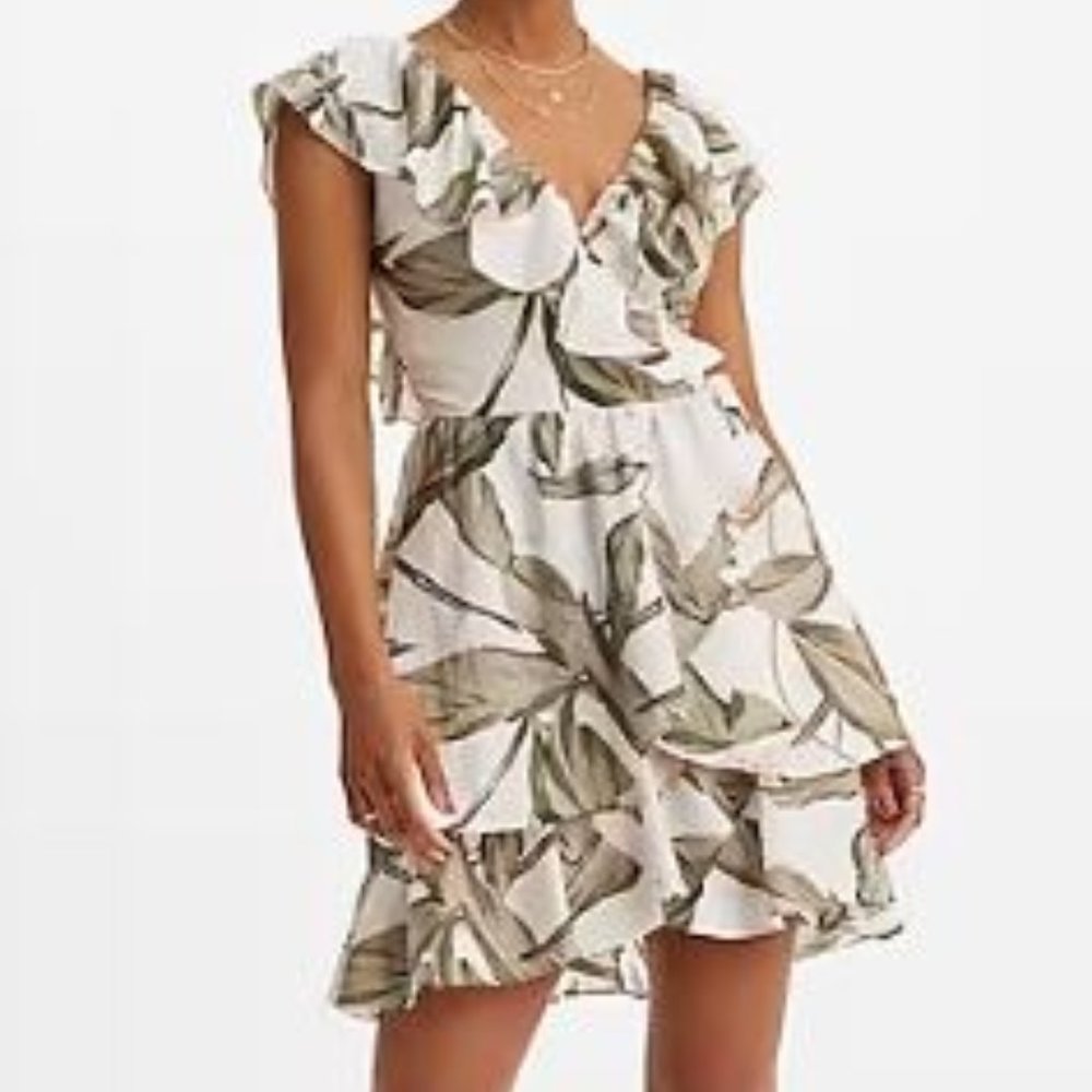 Express Printed V-Neck Tropical Ruffle Mini Dress. New with tags